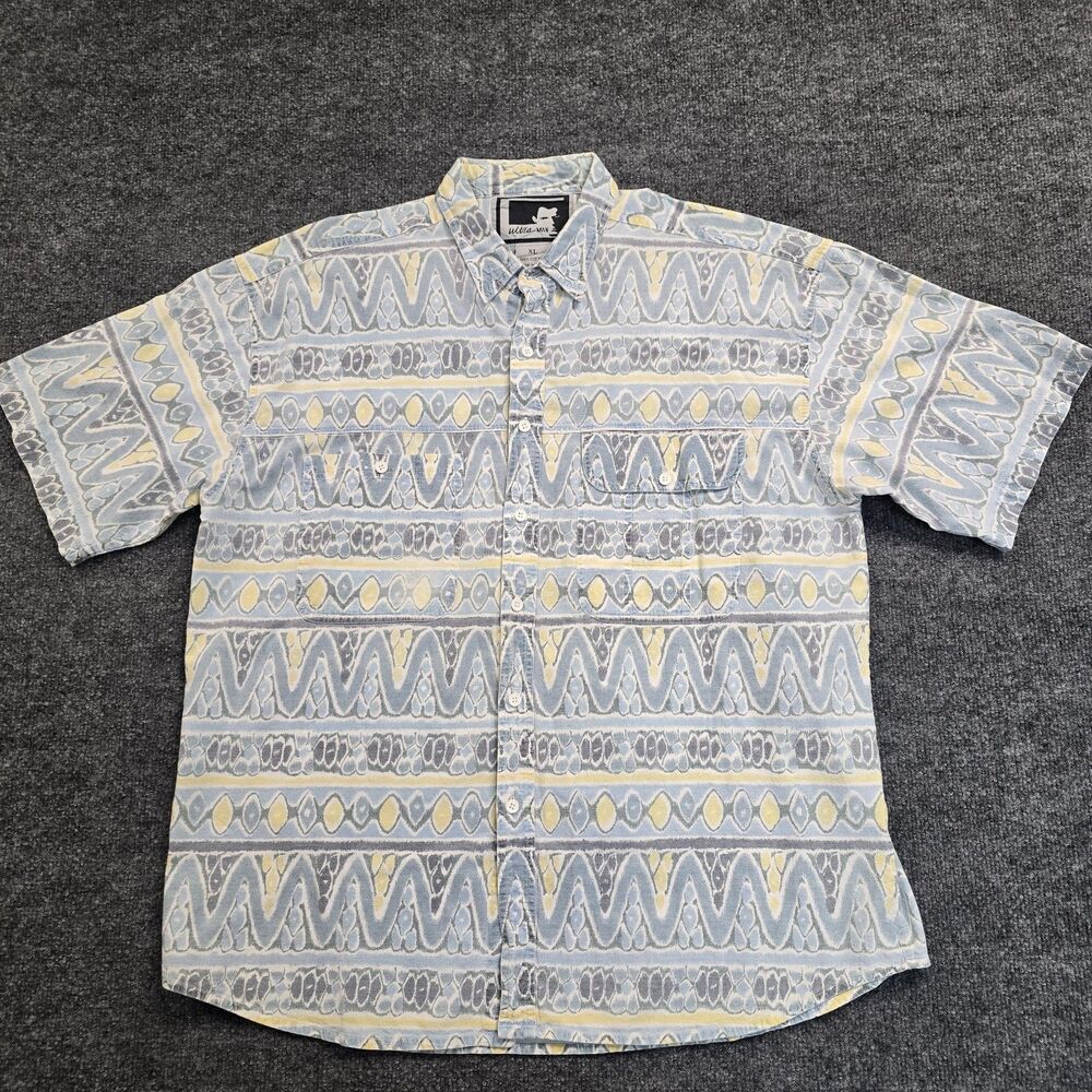 Vintage Ultra Man 90s Abstract Geometric Cotton Print Short Sleeve Shirt Sz XL